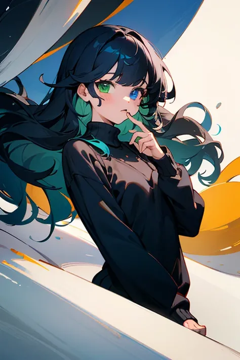 ((best qualityer)), ((work of art)), (detailded), 1 girl with heterochromia of one green eye and the other blue, long wavy and full black hair,a black blouse with long sleeves and a navy blue sweater is a black All star