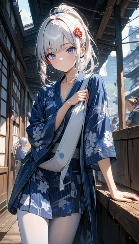 Young girl, short white hair, high ponytail, blue eyes, Japanese hairpin, smile, katana, skirt, white nylon tights, blue battle yukata, Masterpiece, best quality, Full HD, 8k, ultra details, great graphic