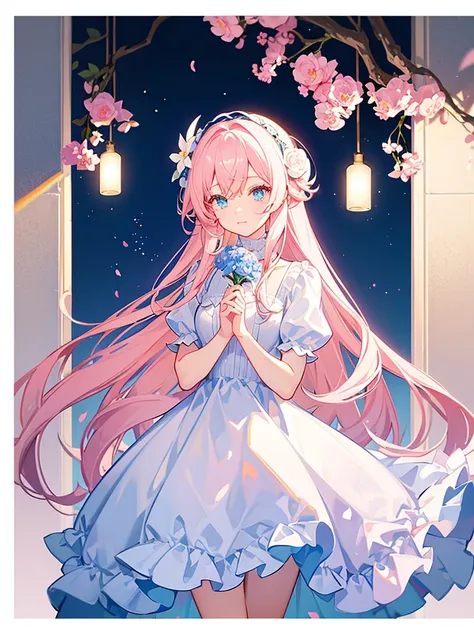 Light pink hair、Light blue eyes、White dress、flower、mysterious