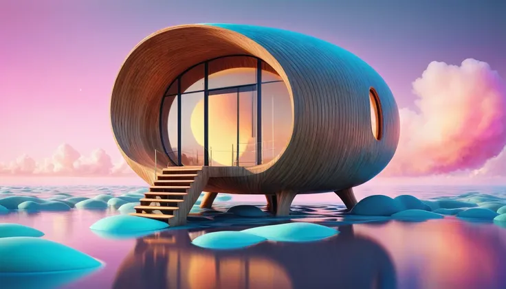 surreal and dreamlike, Photorealistic 3D illustration of a wooden structure displaying a minimalist, contemporary design and an organic, impactful form., dreamy atmosphere, liquid psychedelic