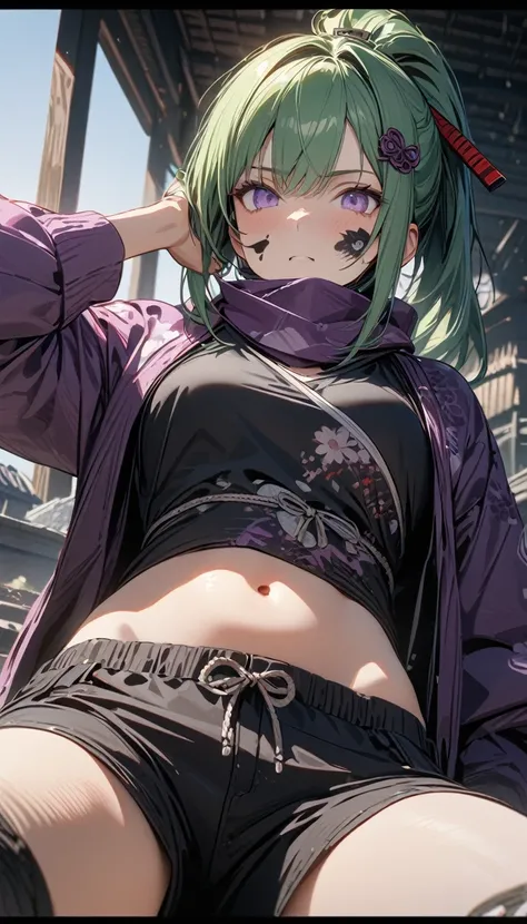 Young girl, short green hair, high ponytail, purple eyes, Japanese hairpin, mask on face, black shorts, purple Japanese jacket, black tank top, open belly, ninja, Masterpiece, best quality, Full HD, 8k, ultra details, great graphic