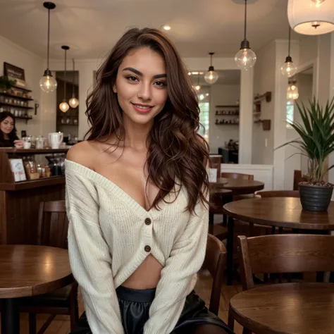 A 22-year-old woman with an elegant appearance. A 22-year-old model posing in a cozy coffee shop. The warm light from the shop creates a welcoming ambiance. My long, wavy chestnut hair cascades over my shoulders and frames my face, highlighting my green ey...