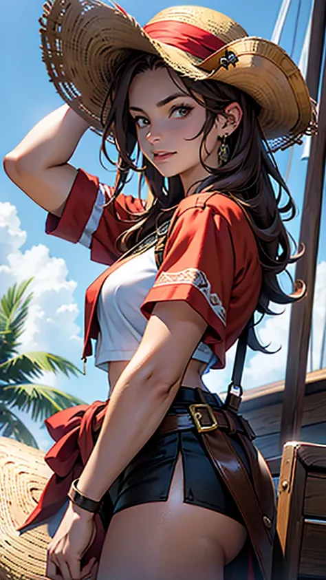 1 female, medium length brown hair, hazel eyes, wearing pirate outfit, at the helm of a pirate ship, wearing straw hat with red band, wearing straw hat