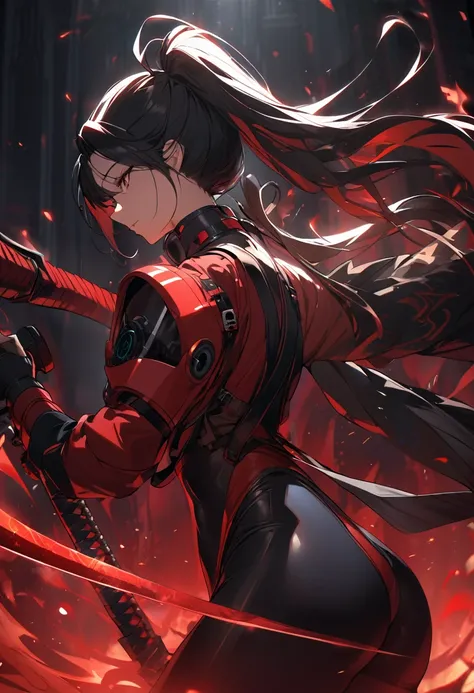 A woman,matured, perfect anatomy, high tech gas mask,long pony tail hair(black hair),red aura,red magic circle,long samurai sword,tight outfit,,closeup cinematic lighting, cinematic angle,side view