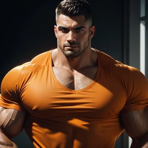 a very handsome man, with a Mid fade haircut, massively muscular, with massively large muscles, wearing an orange shirt, seen very close up, extremely detailed face and body, ultra-realistic, 8k, high resolution, photorealistic, cinematic lighting, dramati...