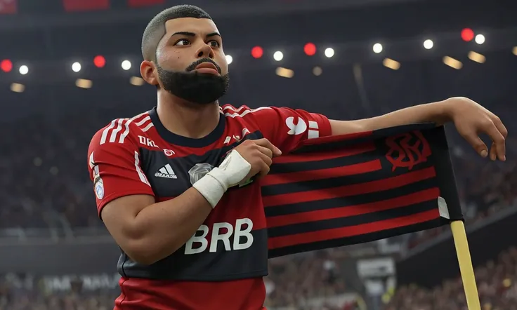 sharpened man holding a red and black flag in front of a crowd, mohamed reda, ronaldo luis nazario da lima, Ronaldo Nazario, edu souza, Ronaldo Nazario fenomeno, ronaldo luis nazario de lima, luis melo, caio santos, inspired by Antônio Parreiras, inspired ...