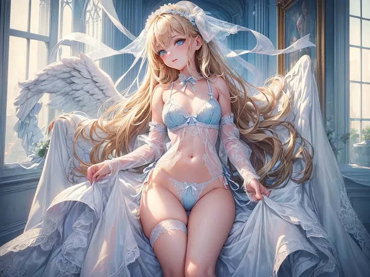 (((depict young girl angel))), (((top-quality, masterpiece))), ((lace lingerie)), ((cute white lingerie with lot of details)), (((light blue ribbons on lingerie))), straight blond hair, deep blue eyes, small breasts, nice hips, open shoulder, (Masterpiece,...