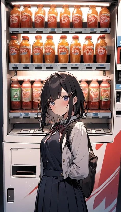 in front of the vending machine、high school girl、black bob hair、hairpin、there&#39;s a guy standing next to me with his penis out...