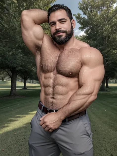 Masterpiece, Best Quality, High resolution, close-up portrait, (1 chico:1.4) A man in golf pants with belt, muscular, male focus, focus alone, tanned skin, 38-year-old man in golf course, muscular, strong, furry, masculine, shirtless, in the background a f...