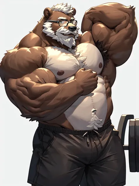 semirealistic:1.3, masterpiece, solo, 1boy, Huge Muscular Old Grizzly Bear wearing glasses , pectoral, huge pectoral, wide pectoral, short white hair, short pants, and shirtless and topless, bearded, Mustache, simple background, masterpiece, high detailed,...