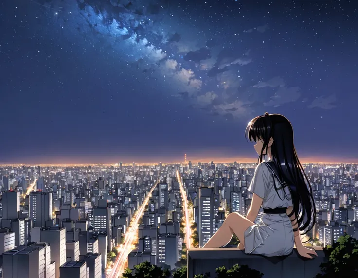 octans, sky, star (sky), scenery, starry sky, night, 1girl, night sky, solo, outdoors, building, cloud, milky way, sitting, tree...