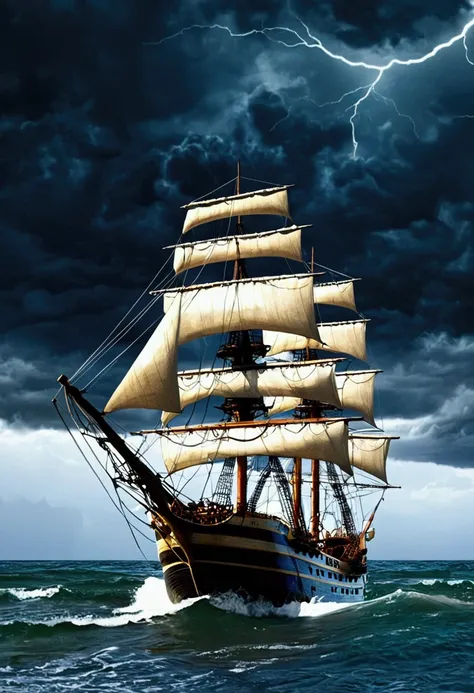 romanticism, perspective, uhd, masterpiece, best quality,it's a vast ocean，(((dark stormy clouds)))，there is a storm going on he...