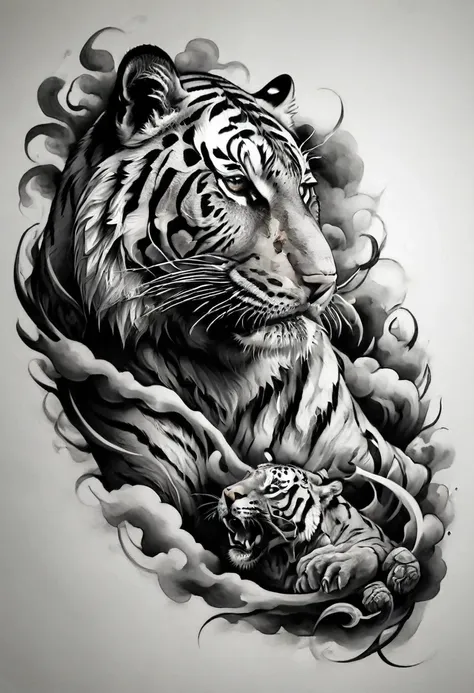 a black and white drawing of a tiger with a cloud, jaguar head tattoo designs, detailed bushido shaped smoke, tattoo designs, bl...