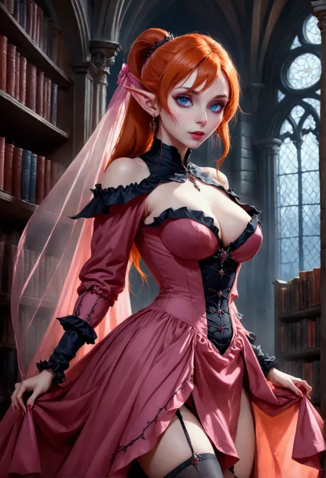 arafed a picture of elf vampire in her castle. an exquisite beautiful, busty, female elf vampire (ultra details, masterpiece, be...