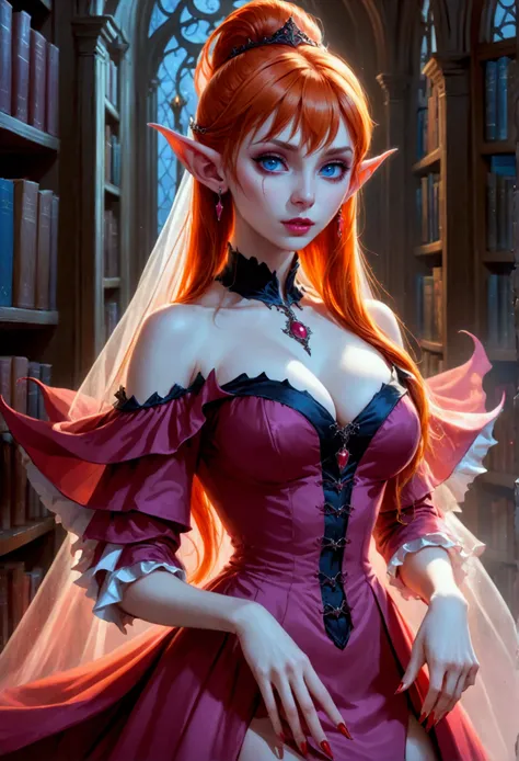 arafed a picture of elf vampire in her castle. an exquisite beautiful, busty, female elf vampire (ultra details, masterpiece, be...