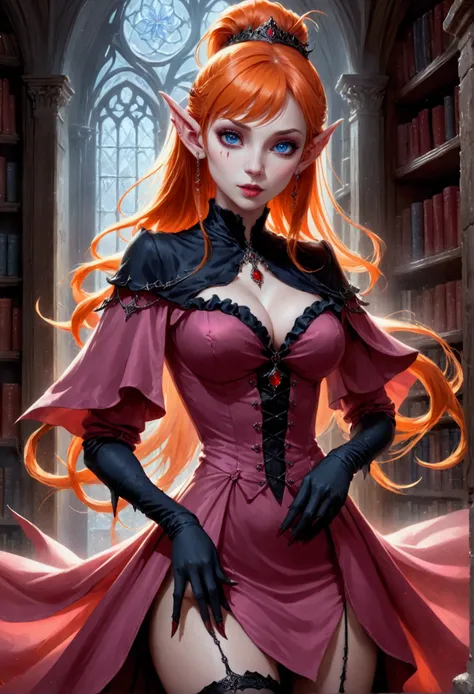 arafed a picture of elf vampire in her castle. an exquisite beautiful, busty, female elf vampire (ultra details, Masterpiece, best quality), full body, ((anatomically correct: 1.5) bloody mouth, orange hair, pale skin, hair in a ponytail, long hair, blue e...