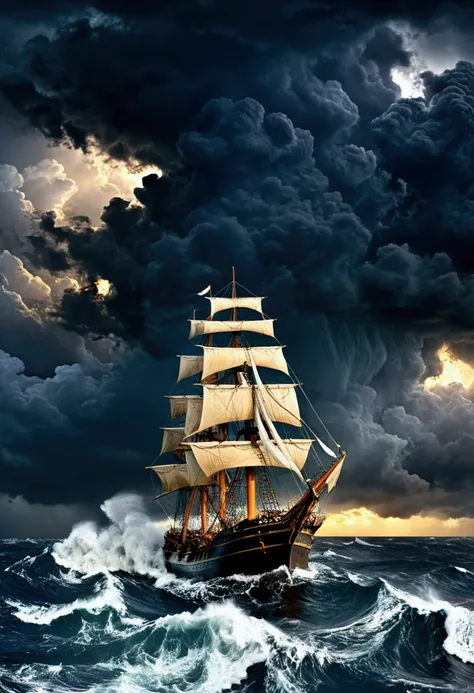 romanticism, perspective, uhd, masterpiece, best quality,it's a vast ocean，(((dark stormy clouds)))，there is a storm going on he...