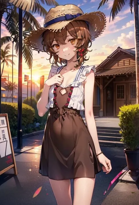 lililukarde, liliruka gets burned, , (brown eyes:1.7), brown hair, (flat chest:1.2), smile,blush,straw hat short hair,brown slee...