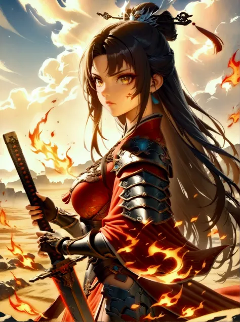 chinese, ancient battlefield, chinese female general, holding a sword in her hand, serious expression, whole body, stunning faci...