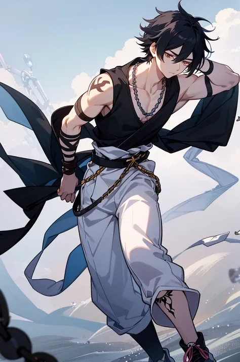 a tired young man with tied up black hair and white eyes, wearing a short, sleeveless dark haori cut off at his waist, and a pai...