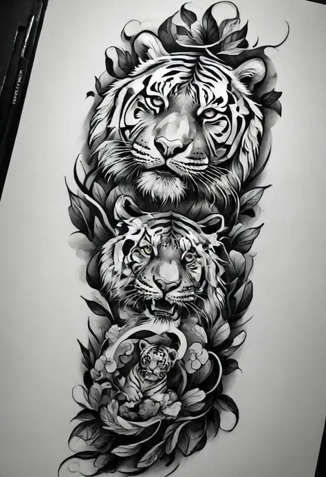 ((Solo Tiger)), a black and white drawing of a Tiger with a japanese wave and autumn leaves effect, TigerHead Tattoo Designs, Detailed bushido shaped smoke, Tattoo designs, Black and white inkスタイル, Medium size tattoo sketch, Black and gray tattoo styles, S...