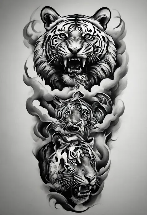 a black and white drawing of a tiger with a cloud, jaguar head tattoo designs, detailed bushido shaped smoke, tattoo designs, bl...