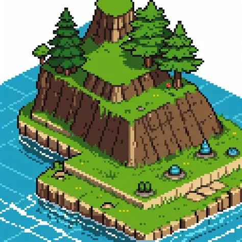 A detailed and organized pixel art tileset for a pixel RPG game. The tileset includes various terrain types such as grass, water, and mountains. Each tile is designed to stand alone without overlapping others, and the background is solid white for easy int...