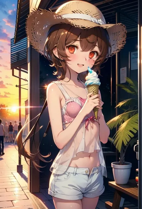 Lililukarde, Liliruka gets burned, , (Brown eyes:1.7), Brown Hair, (Flat Chest:1.2), smile,blush,Open your mouth,Straw hat,short hair,Brown tank top,Shorts,Holding ice cream in both hands,Heeled Sandals,Walking,sunset,evening,The sun is setting,whole bodyが...