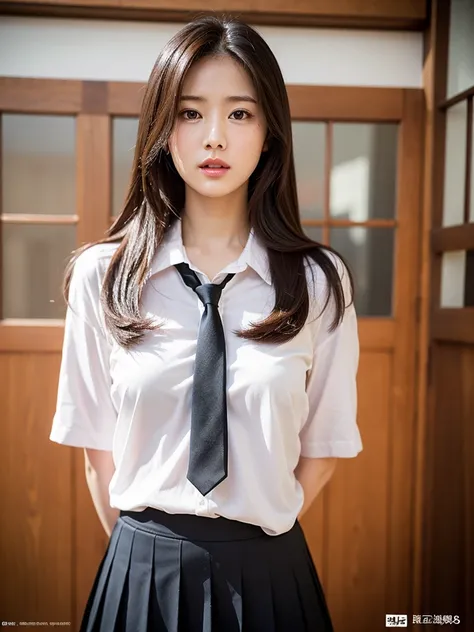 Mature Young,Erotic style,very cute,whole body,Beautiful and soft skin、Perfect Face、Gorgeous long brown hair,8k resolution,Ultra-realistic,Very detailed,high quality,Fashionable erotic beautiful immature woman ,Student Uniform、(Look at the viewers)