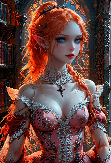 arafed a picture of elf vampire in her castle. an exquisite beautiful, busty, female elf vampire (ultra details, Masterpiece, best quality), full body, ((anatomically correct: 1.5) bloody mouth, orange hair, pale skin, hair in a ponytail, long hair, blue e...