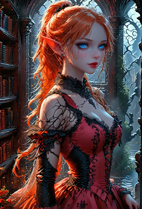 arafed a picture of elf vampire in her castle. an exquisite beautiful, busty, female elf vampire (ultra details, masterpiece, be...