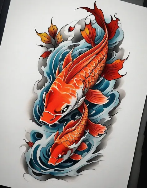 ((solo koi fish)), traditional japanese tattoo design, realistic tattoo art of a red koifish swimming up stream on wavy water, t...