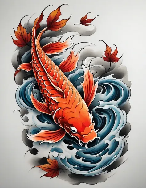 ((solo koi fish)), traditional japanese tattoo design, realistic tattoo art of a red koifish swimming up stream on wavy water, t...