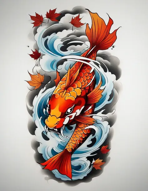 ((solo koi fish)), traditional japanese tattoo design, realistic tattoo art of a red koifish swimming up stream on wavy water, t...