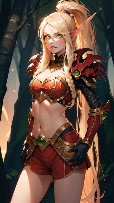 (1girl, absurdly long hair split ponytail, spiral eyes, , clenched teeth) (digital) (standing), (Light Orange Forest background), (Boxer Shorts)) , best quality, blonde hair, green eyes, glowing, armor, navel, bloodelf, 