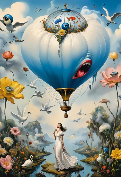 "Salvador Dali"style,Surrealism、Absurdism、drama、Comic classics、Fantasy、Subconscious and Dreams、These are used in fantasy portraits with a bouquet of flowers、A flock of birds and wisps of smoke replace the head，A deep dive into the inner workings of the hum...