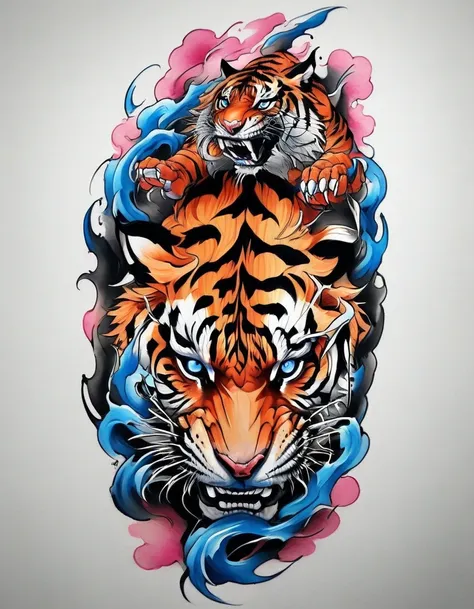 (((solo tiger))), traditional japanese tattoo design, realistic tattoo art of orange tiger with blue eyes, he is with open mouth...