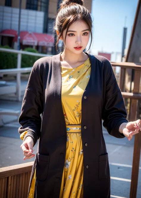 1 girl, hair bun, beautiful girl, mmTD burmese patterned traditional dress, yellow dress, outdoor, perfect light, masterpiece, best quality, ultra detailed, cinematic feels, looking at the viewer, 8k, RAW photo, realistic, photo realistic, intricately deta...