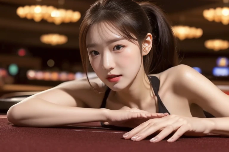 Medium close-up, rift, Jori, Joe lily, lily, ((Highest quality, 8ก, table top :1.3)), 1 woman, Beautiful woman emphasizes her slender tummy :1.3, (dark brown hair, ponytail, big breasts :1.2), wet body:1.2, pond, Highly detailed face, good eyes, Double eye...