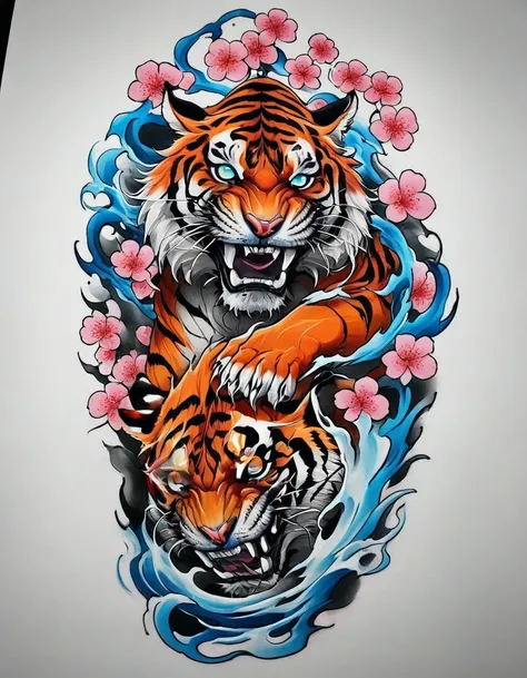 ((solo tiger)), traditional japanese tattoo design, realistic tattoo art of orange tiger with blue eyes, he is with open mouth l...