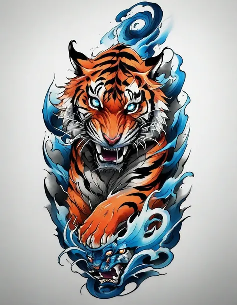 ((solo tiger)), traditional japanese tattoo design, realistic tattoo art of orange tiger with blue eyes, he is with open mouth l...