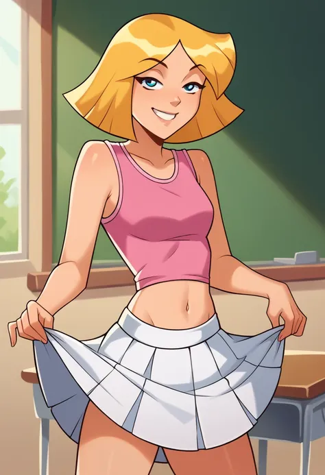 clover, totally spies, blonde hair, medium hair, blue eyes, skinny, white skirt, pink tank-top midriff, classroom, half-closed e...