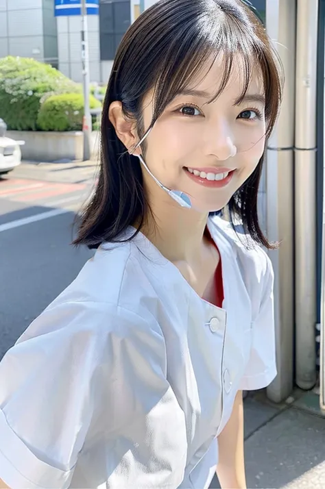 Dental hygienist wearing white nurse uniform short sleeves　Japanese, black hair, early 30s woman　Upper body close-up　smile　Shooting outside　Harmony々 　No accessories included