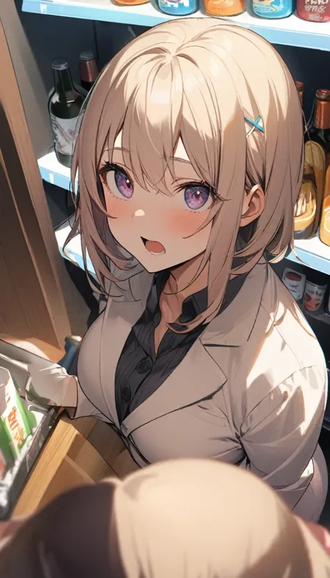 In front of the vending machine、high school girl、Black bob hair、hairpin、Open-mouthed expression of joy、Drooling((She stares at my penis with pleasure))、Hearts in the eyes、Large Breasts、深いvalley、Open the buttons on your shirt、valley、valley、nsfw