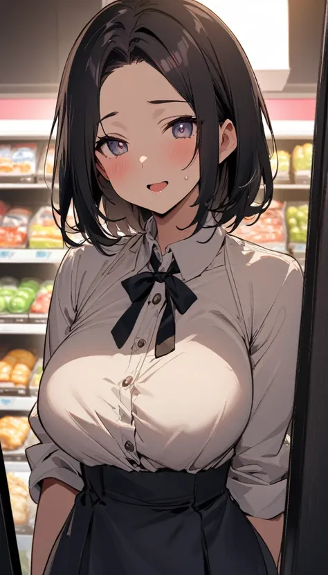 In front of the vending machine、high school girl、Black bob hair、hairpin、Open-mouthed expression of joy、Drooling((She stares at my penis with pleasure))、Hearts in the eyes、Large Breasts、深いvalley、Open the buttons on your shirt、valley、valley、nsfw