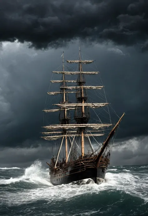 romanticism, perspective, uhd, masterpiece, best quality,it's a vast ocean，(((dark stormy clouds)))，there is a storm going on he...