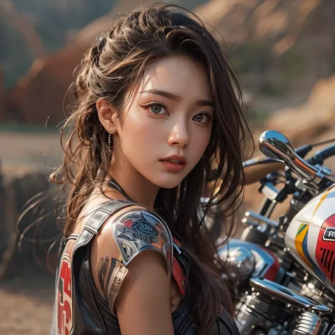 Riding a Harley Motorcycle、Running in the desert、Hair Flow、 ((Highest quality、masterpiece、8k、Best image quality、Ultra-high resolution、Award-winning works)、(Woman close up&#39;Face:1.35)、(裸Faceのクローズアップ:1.3)、(Accurate anatomy:1.1)、(Look at me and smile:1.1)、...