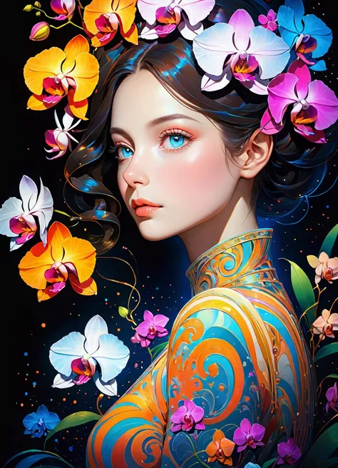 (masterpiece), (best quality), (Super Detail), nothingness, Psychedelic, A mysterious woman, portrait, Colored swirls, orchid, Beautiful and expressive,Layered Outlines，Depth and size，Creative Expression，translucent form，Crystal structure，glowing lines，Flu...