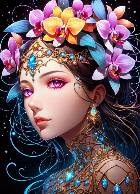 (masterpiece), (best quality), (Super Detail), nothingness, Psychedelic, A mysterious woman, portrait, Colored swirls, orchid, Beautiful and expressive,Layered Outlines，Depth and size，Creative Expression，translucent form，Crystal structure，glowing lines，Flu...