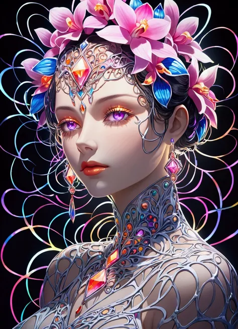 (masterpiece), (best quality), (Super Detail), nothingness, Psychedelic, A mysterious woman, portrait, Colored swirls, orchid, Beautiful and expressive,Layered Outlines，Depth and size，Creative Expression，translucent form，Crystal structure，glowing lines，Flu...